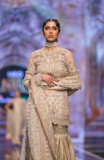 HSY | BCW-05 - Fitted Net Shirt With Jamawar Gharara