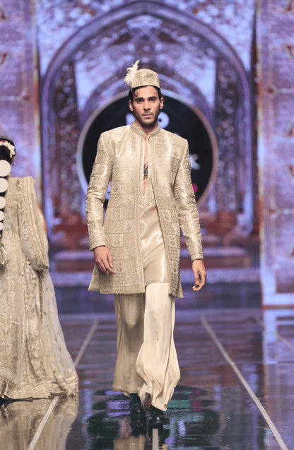 HSY | BCW-M03 - Short Tissue Sherwani With Kurta & Satin Pants