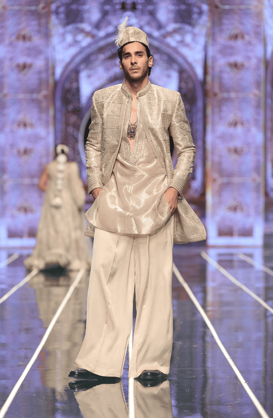 HSY | BCW-M03 - Short Tissue Sherwani With Kurta & Satin Pants