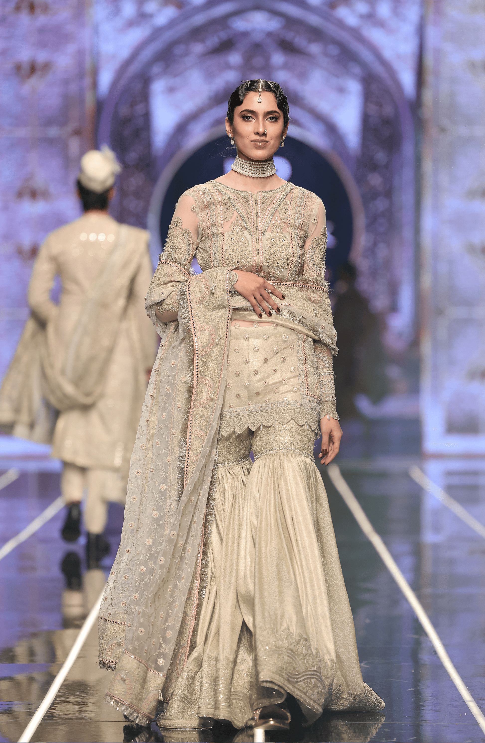 HSY | BCW-05 - Fitted Net Shirt With Jamawar Gharara