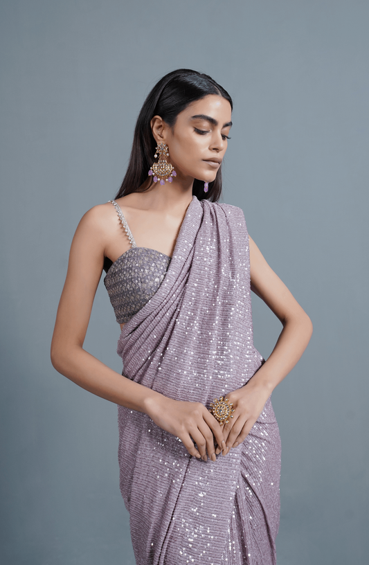 Amethyst Sparkle - Sequinned Net Saree Ensemble