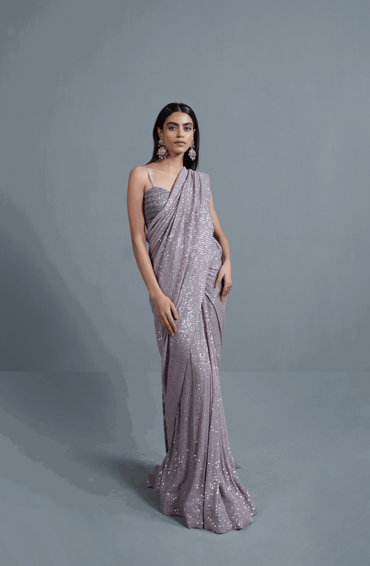 Amethyst Sparkle - Sequinned Net Saree Ensemble