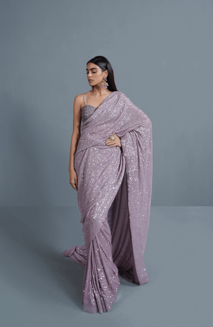 Amethyst Sparkle - Sequinned Net Saree Ensemble