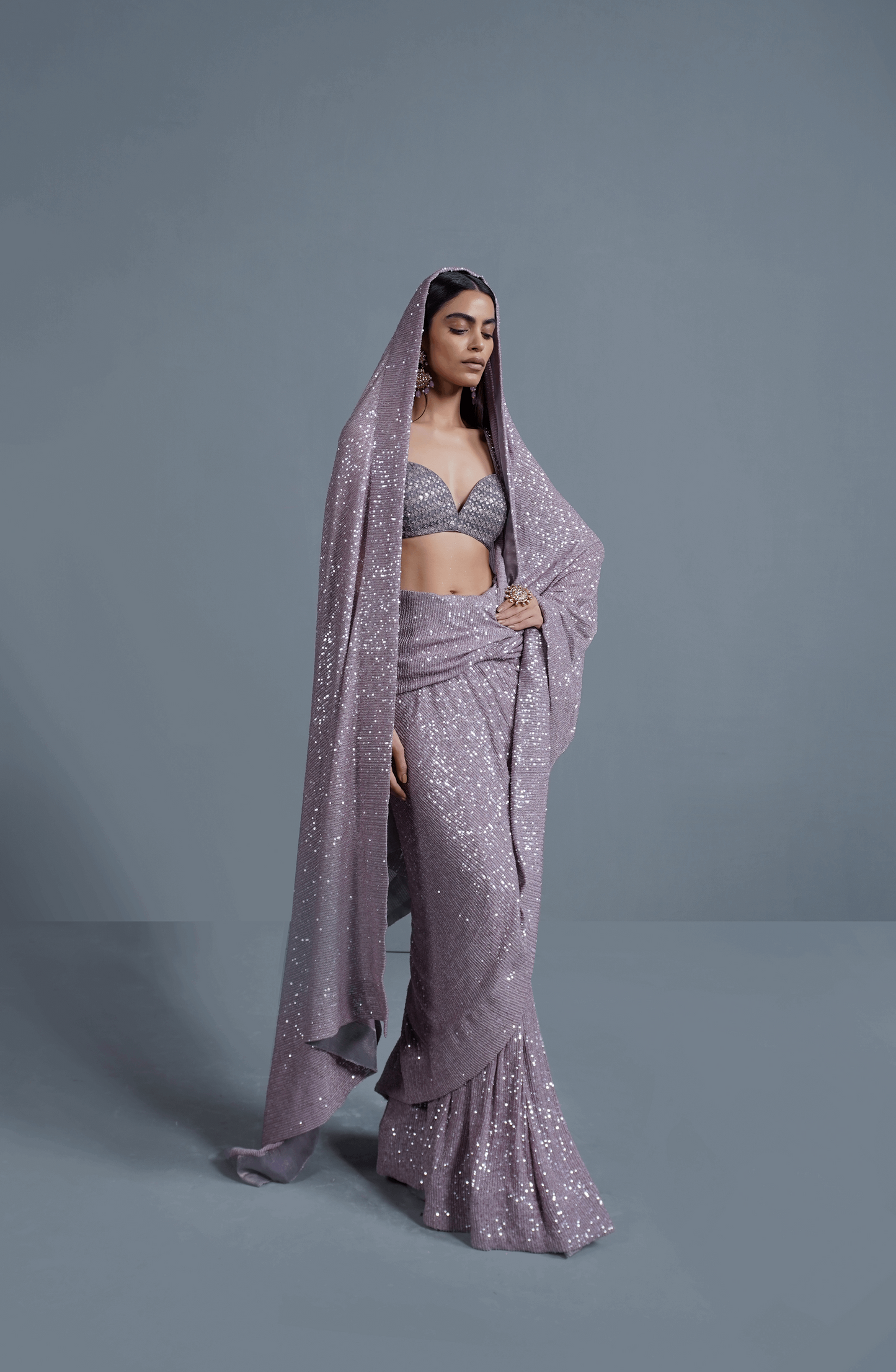 Amethyst Sparkle - Sequinned Net Saree Ensemble