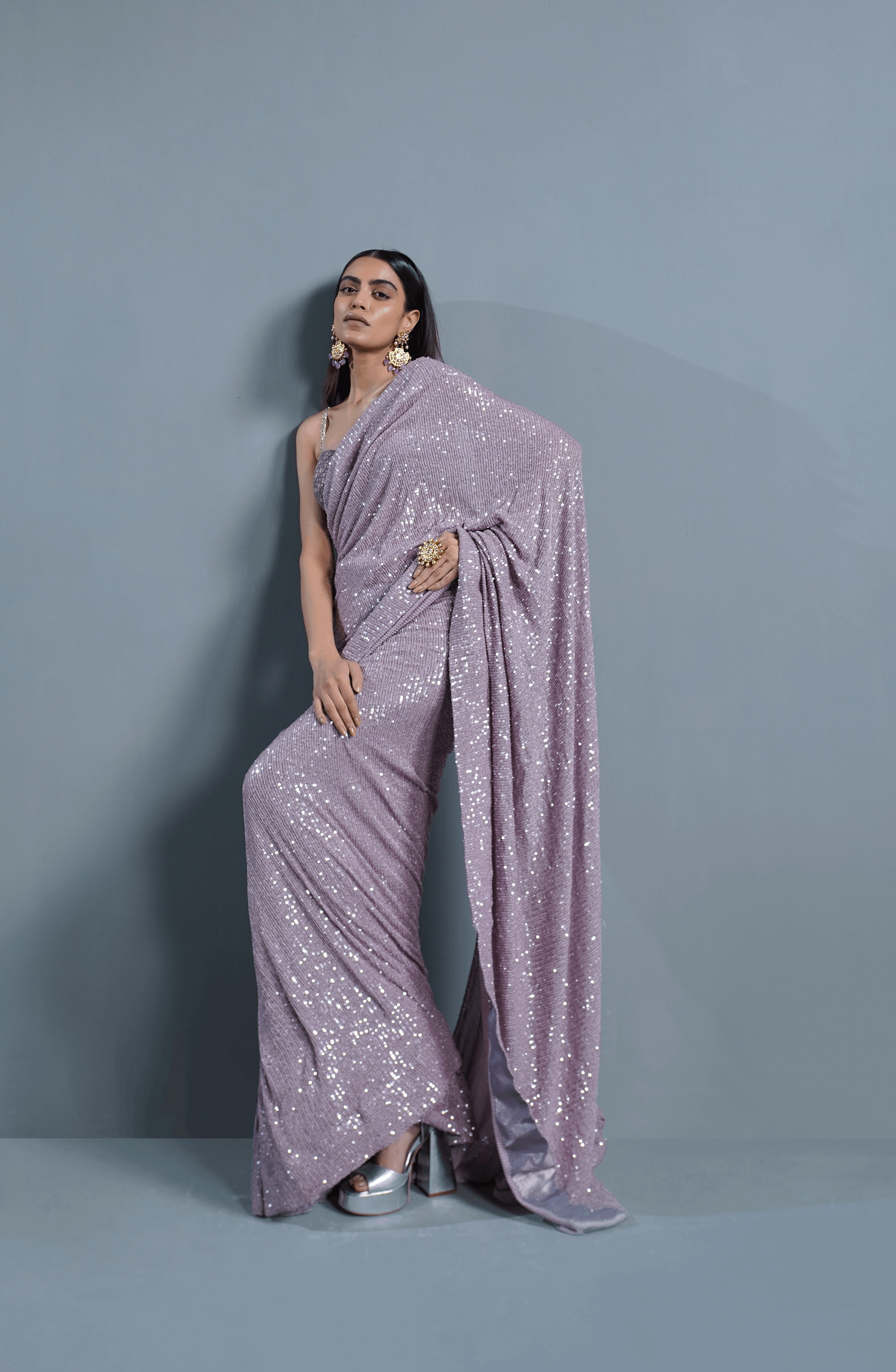 Amethyst Sparkle - Sequinned Net Saree Ensemble