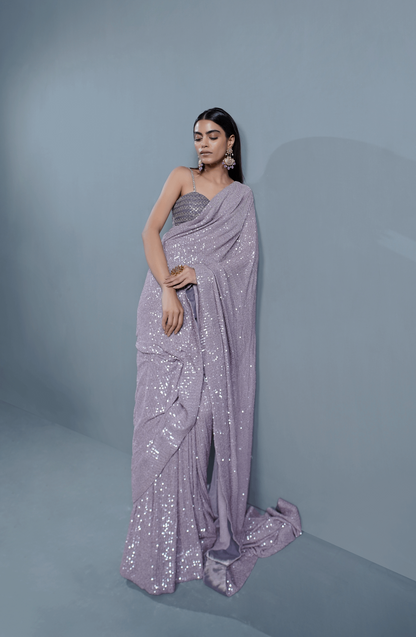 Amethyst Sparkle - Sequinned Net Saree Ensemble